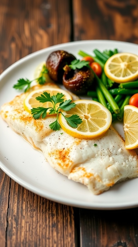 Baked Tilapia with Lemon and Herbs Baked tilapia fillet garnished with lemon and parsley on a white plate with vegetables.